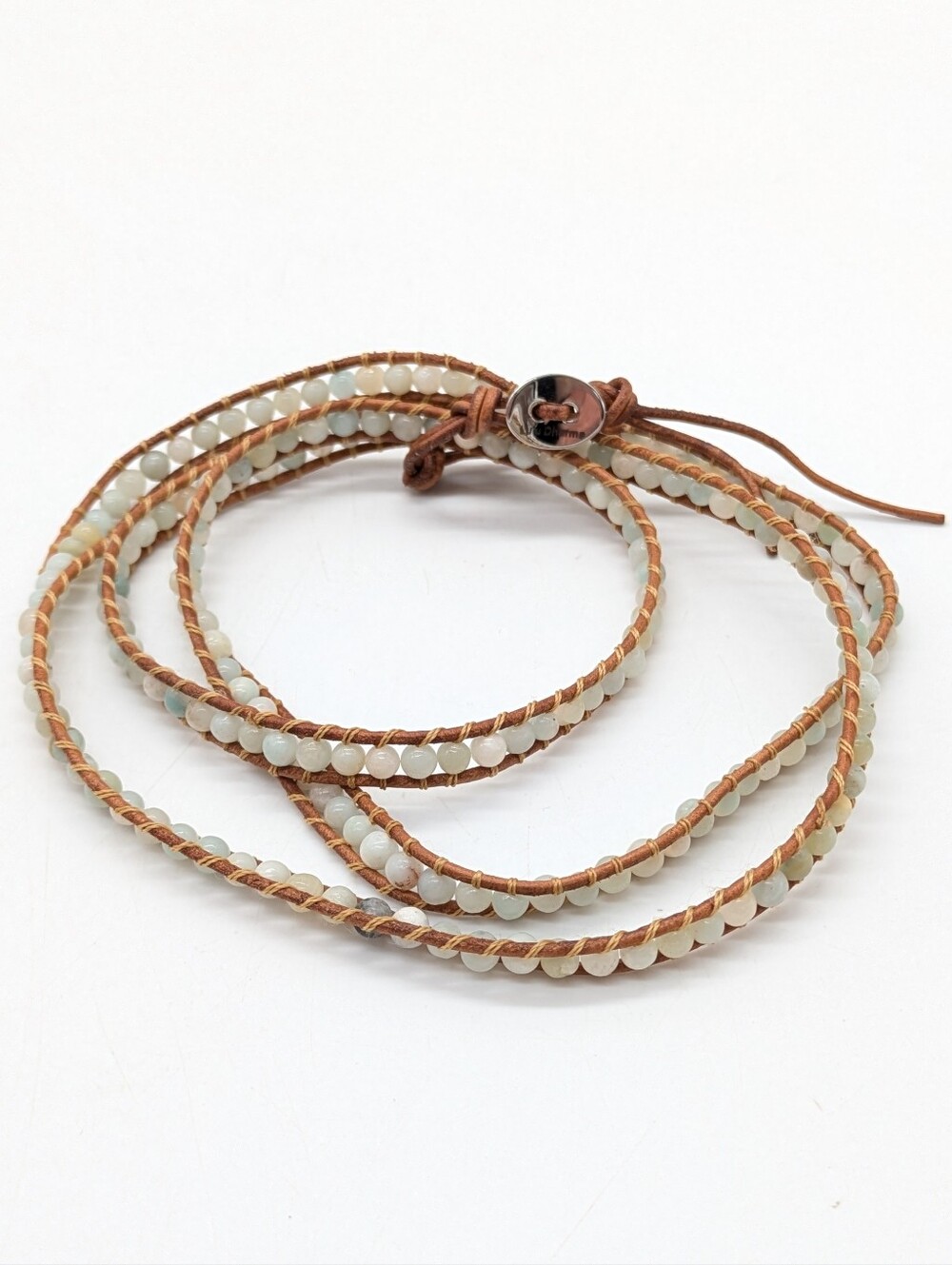 Lulu Dharma Amazonite Brown Blue Green Neutral Tone Leather Wrap Bracelet